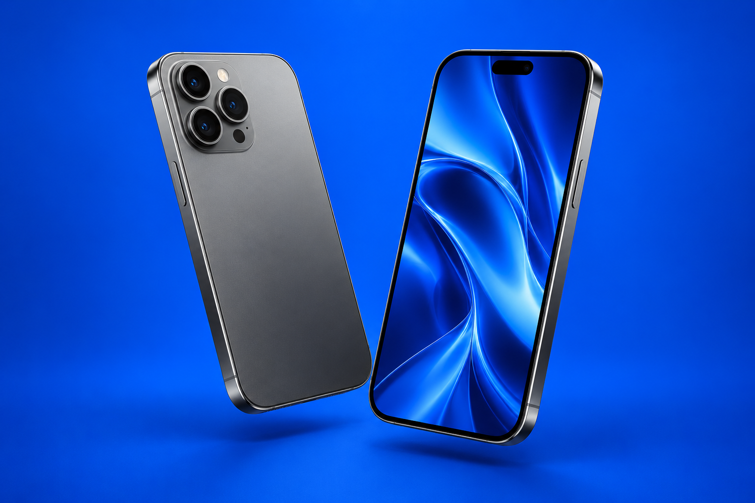 Zwei silberne Smartphones vor blauem Hintergrund